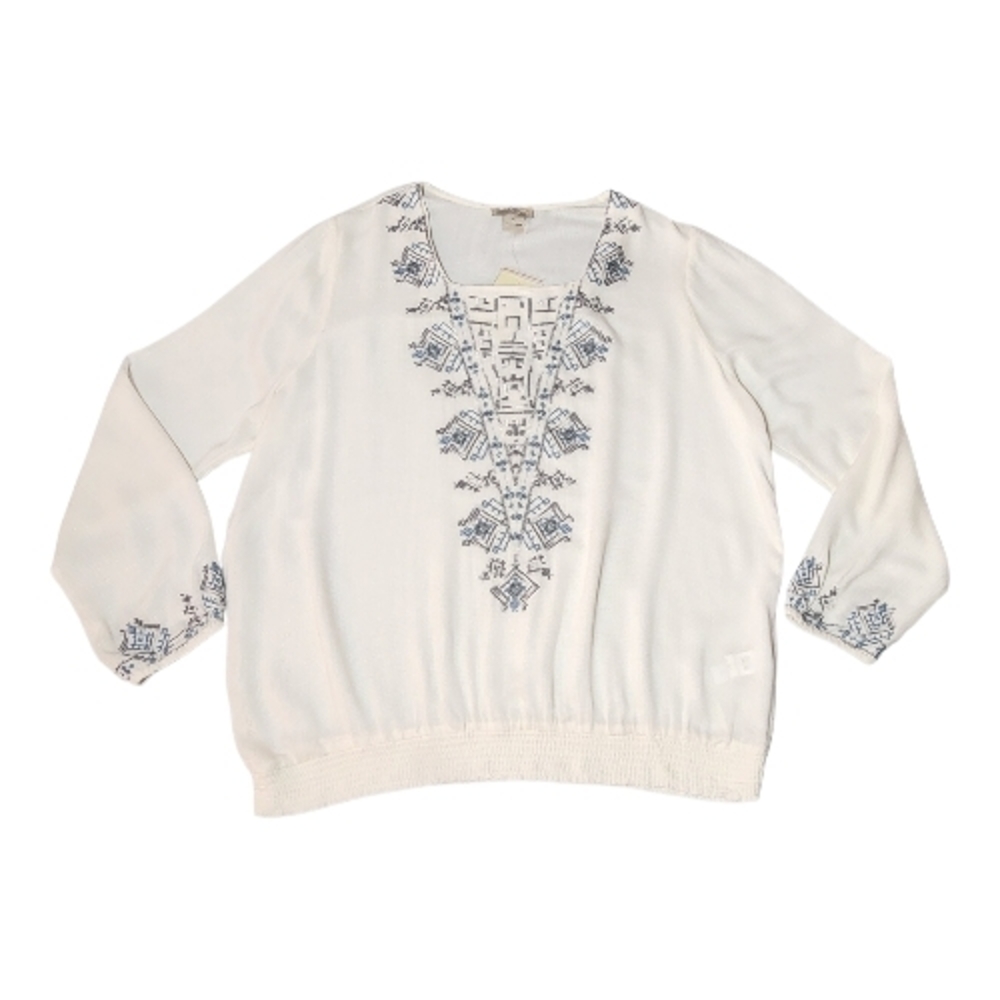 Lucky Brand Womens XL Ivory Boho Blouse Embroidered Peasant Top